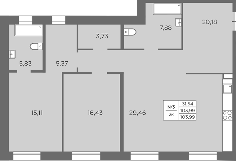 2-комнатная квартира 103.99 м², 2/3 эт., ЖК «Северная Корона»